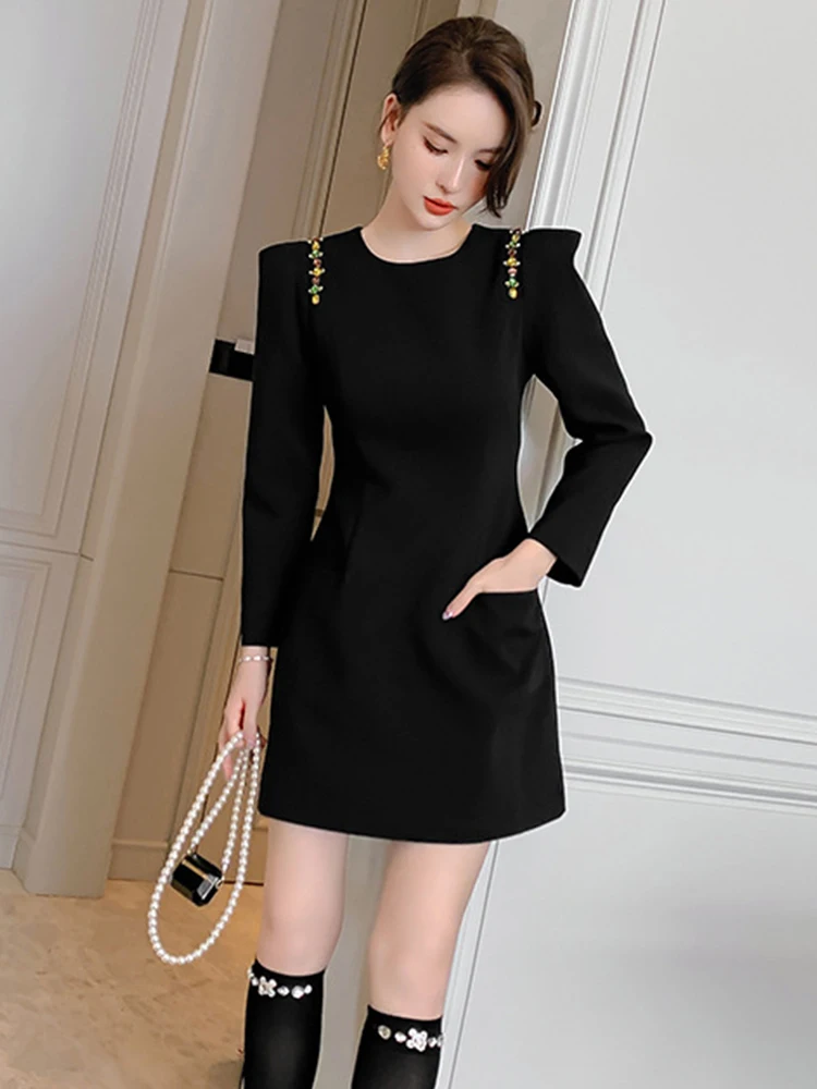 Fashion Trendy Retro Black Dresses Women Vintage Colorful Diamonds Pockets Short Gown Female Party Clothes Street Vestidos Mujer