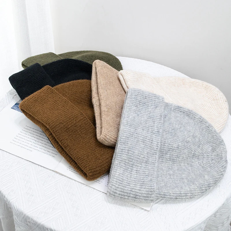New Solid Color Outfit Winter Hat Women Men Thick Wool Basic Cuffed Cozy Ear Flaps Stretchy Knit Beanie Hat Classic Skull Hat