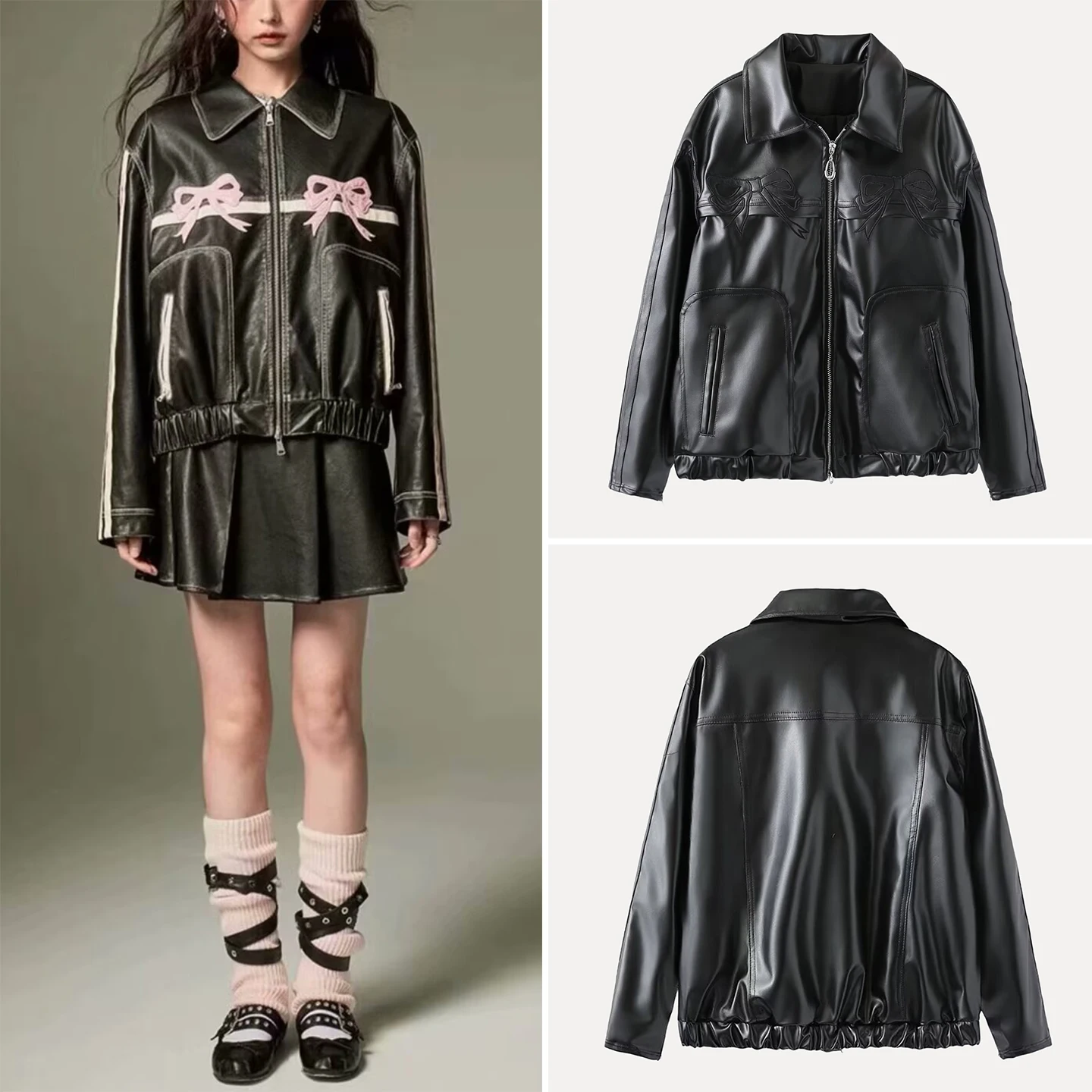 Modny Damski Skórzany Żakiet z Węzłem, Letnia Nowość 2025, Długi Płaszcz z Poliestru, Zapinany na Zamek