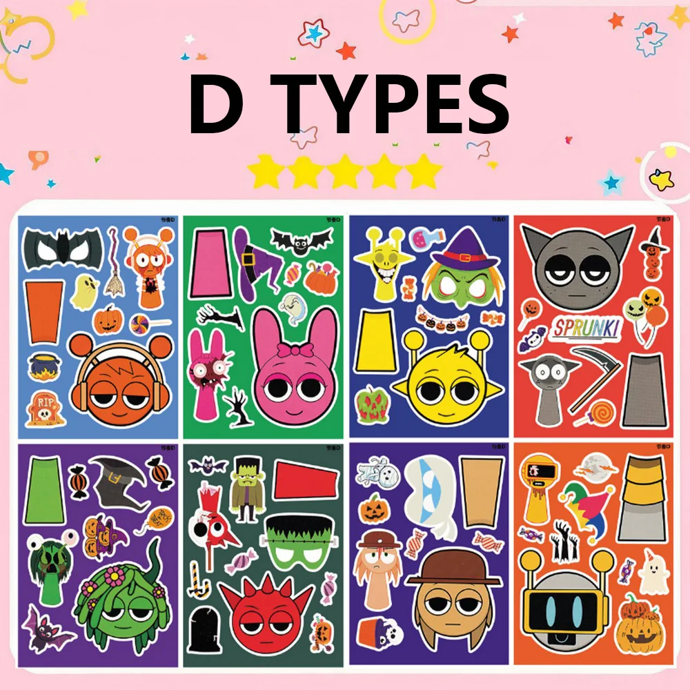 8 Blatt coole Sprunkie-Aufkleber, Sprunkie Make A Face Sticker, Gestalte deine eigenen Aufkleber, Kinder-DIY-Party-Aufkleber, Geschenkspielzeug – Detail 6