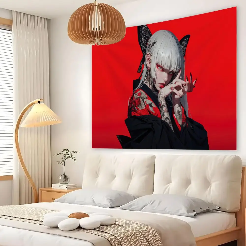 Anime Tattoo Girl1 Tapestry Custom Living Bedroom Party Dormitory Interior Wall Bohemian Decoration Attached Clip