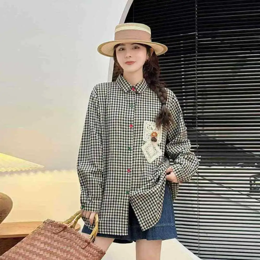 

Японские винтажные клетчатые рубашки с вышивкой Mori Girl, хлопковые рубашки, женские весенне-осенние повседневные блузки с отложным воротником и длинными рукавами