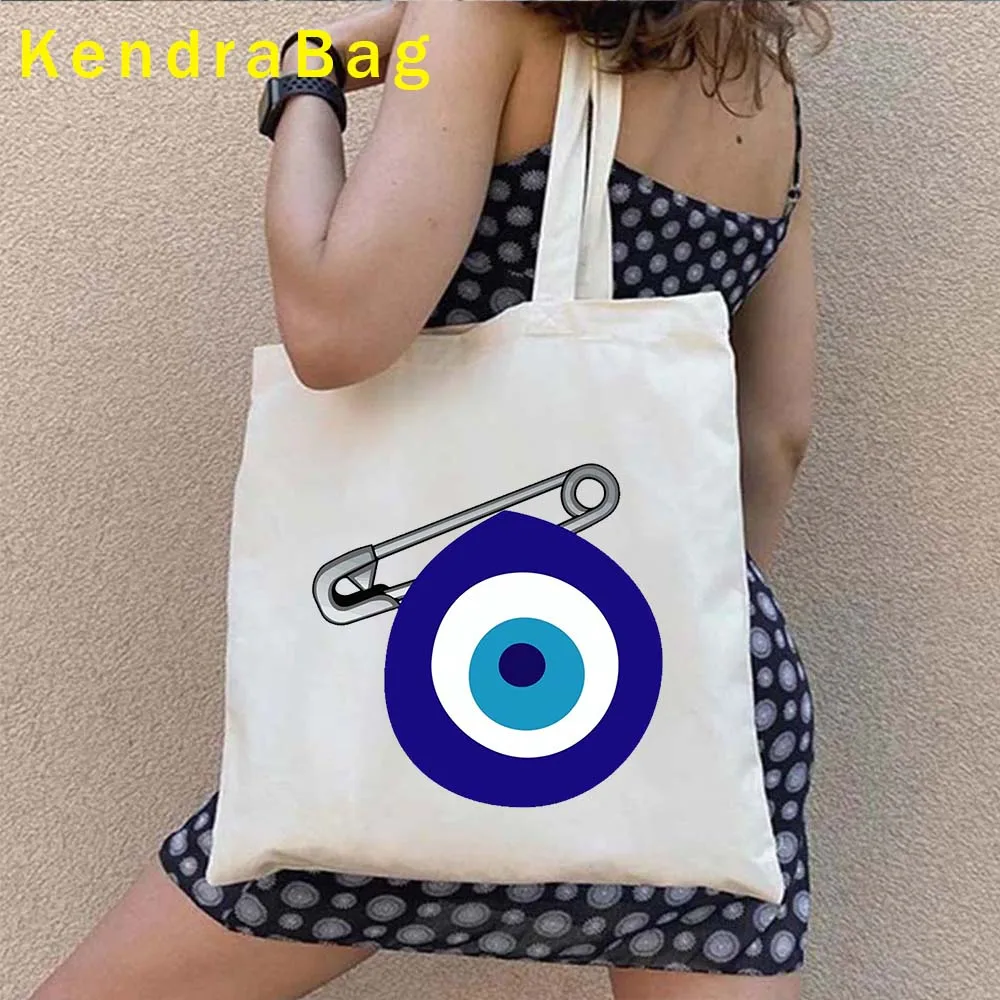 Turkish Mati Blue Evil Eye Protection Mandala Flower Masallah Nazar Canvas Shoulder Tote Bag Harajuku Shopper Eco Cotton Handbag