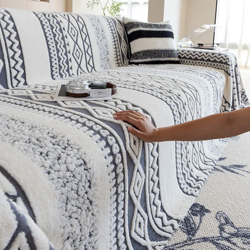 Bohemian Winter Thick Velvet Sofa Towel Multi Functional Dustroof Sofa Towel Cover for Living Room Plush Knee Blanket for Office