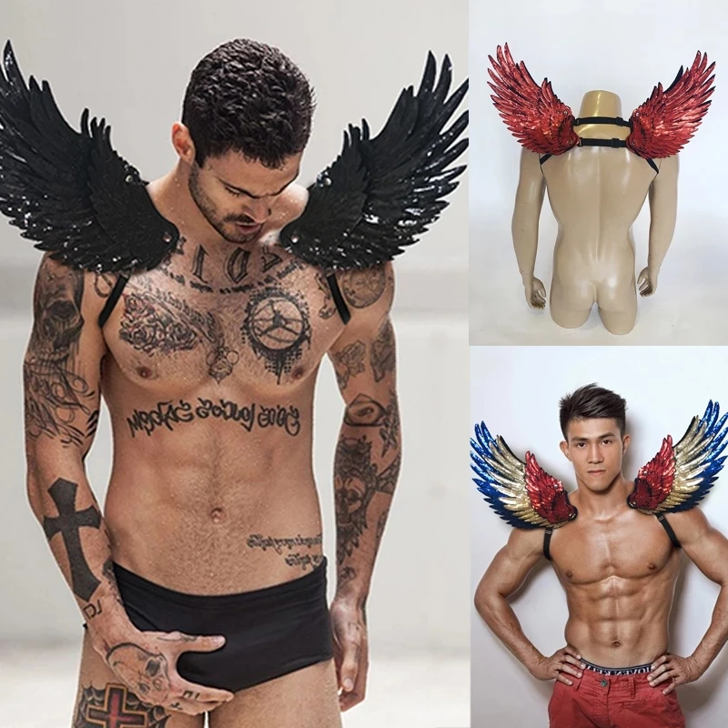 

Modern show Sexy Sequined 3D Wings Pole Nightclub DJ Male Catwalk Gogo Performance armor Men Fluorescent Color Shoulder Wings