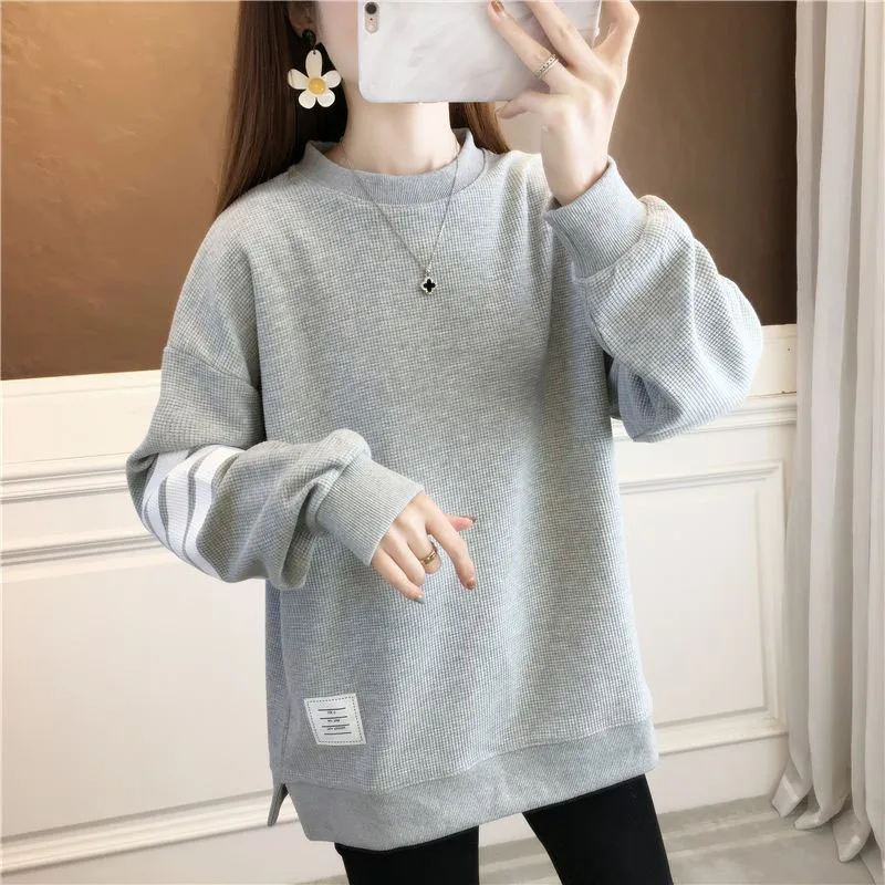 New Autumn Fashion Hanban Waffle Print Round Neck Loose Large Versatile Slim and Simple Women's Long Sleeve Casual Sweater