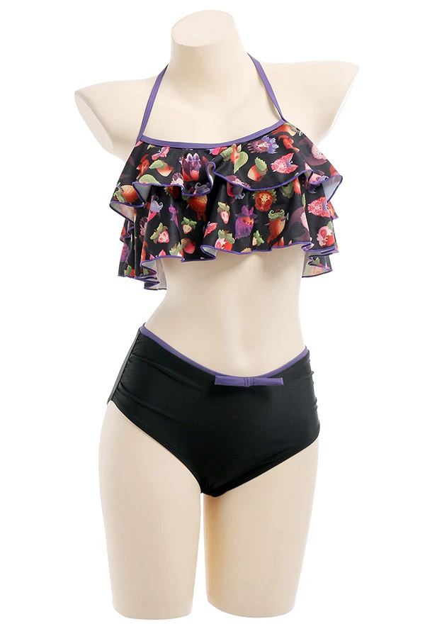 

Womens Bikini Sets Gothic Bathing Suit Scoop Neck Wide Layered Ruffle Black Halter Ruffles High Waisted Two Piece Swimsuit