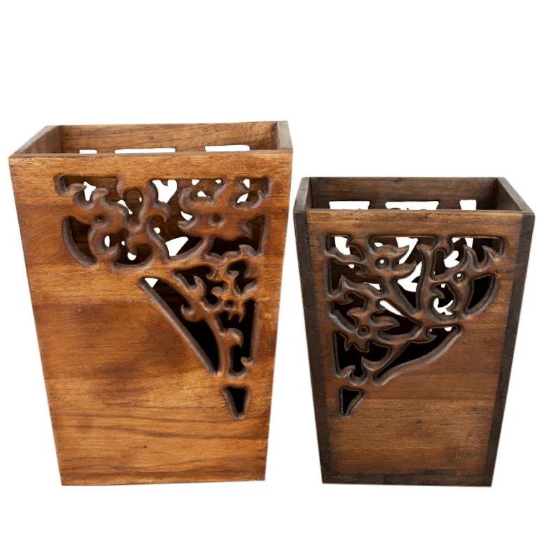 Solid wood trash can Vintage trash can Covered home living room Hotel paper basket bucket Square large