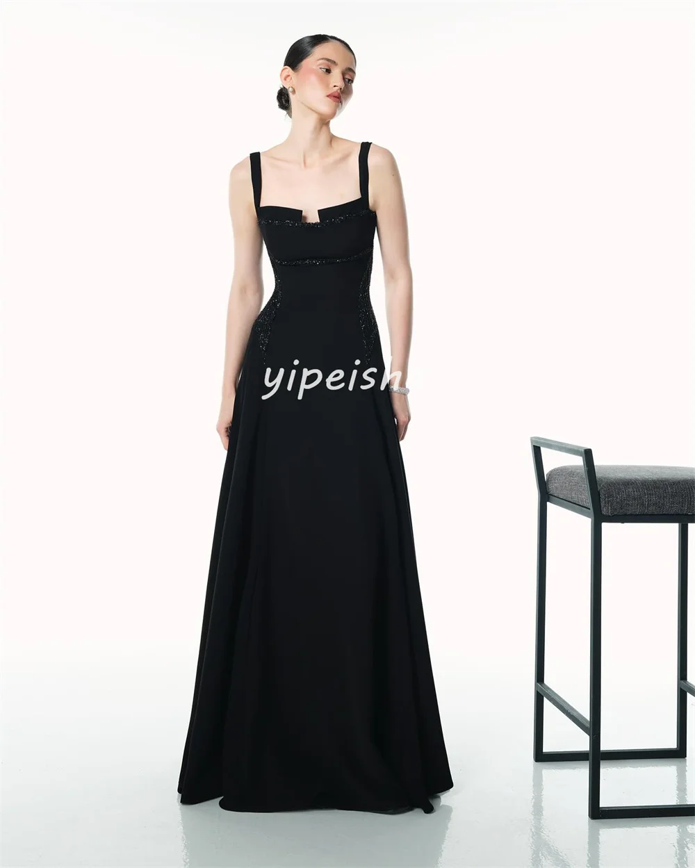 Personnalisé formel exquis Jersey perles paillettes a-ligne col carré robes longues sur mesure Occasion robes tailles disponibles