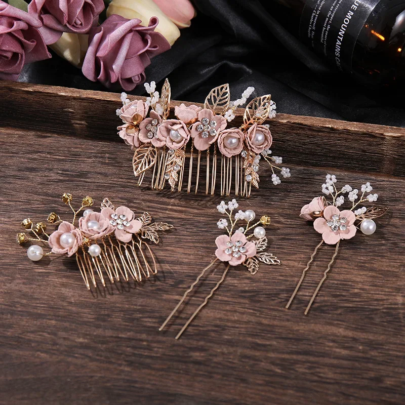 

4pc Crystal Flower Hair Comb Hairpin Set Rhinestone Pearl Bridal Comb Pin Jewelry Set Bridal Wedding Hair Accessories Jewelry
