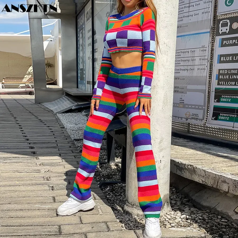 ANSZKTN Autumn Colorful Knitted Sweater patchwork Slim 2-Piece Set Long Sleeve O-Neck Crop Top + Pants Casual Womens Set