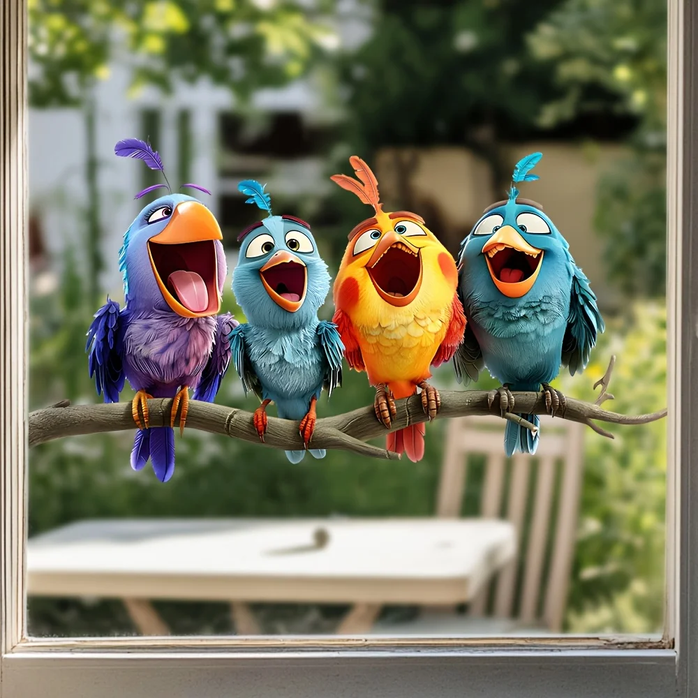 1pc 4 Singing Cartoon Birds Wall & Window Sticker,Self-Adhesive Decorative Sticker,Suitable for Windows,Doors,Bedroom,LivingRoom