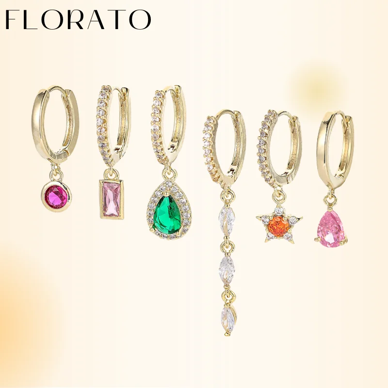 

FLORATO 925 Sterling Silver Ear Needle crystal geometric pendant 6-Piece Set Color Explosive Earrings Set Fashion party Jewelry