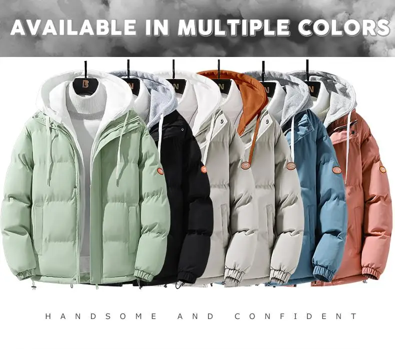 Men Winter Fake Two Piece Hooded Puffer Coat Loose Oversized Padded Jacket Drawstring Hem Casual Warm Outerwear Multi Colors For