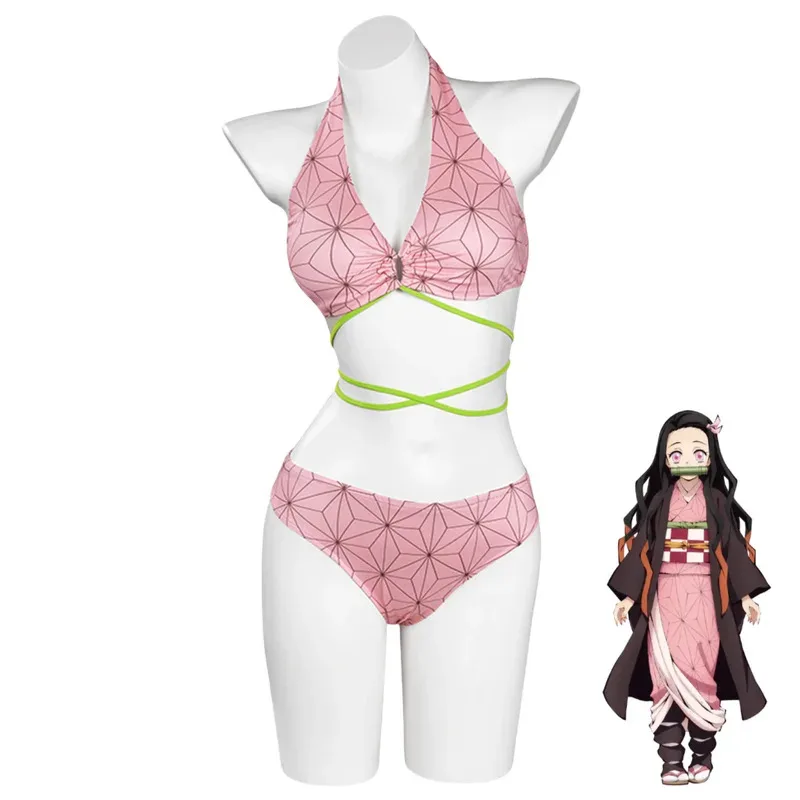 Anime Tanjirou Kamado Nezuko Tomioka Giyuu Kanroji Mitsuri Cosplay Costume Summer Day Swimsuit Woman Sexy Bikini Suit olp