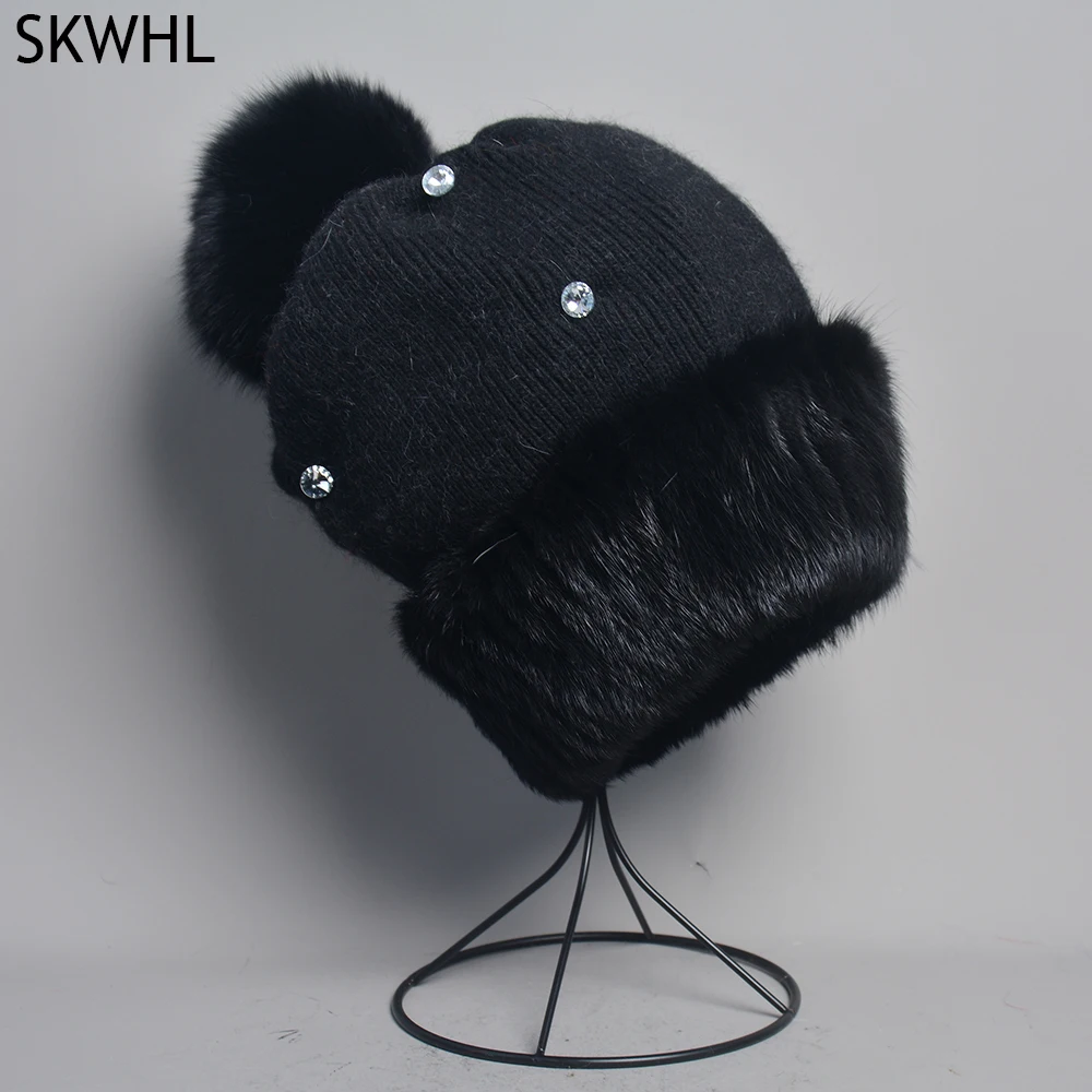 

2024 Top Quality Women's Winter Kniited Wool Belend Patchwork Real Mink Fur Hat Cap Natural Fox Fur Pom Poms Beanie Lady Fashion