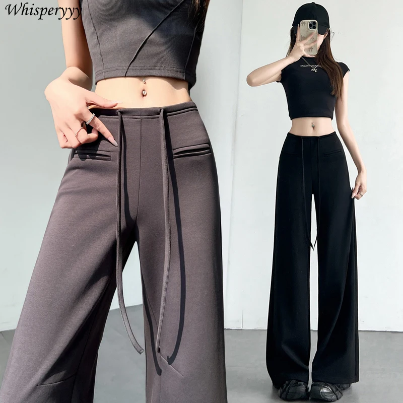 Spring Summer Casual Straight Sweatpants Women Clothing Front Pocket Wide Leg Pants Female Loose Solid Color Drawstring Trousers