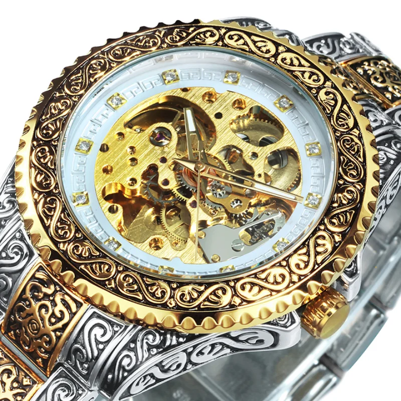 T-Winner Watches Men Fashion Vintage Engraved Carved Watches Men Luxury Gold Skeleton Automatic Mechanical Wristwatches Men