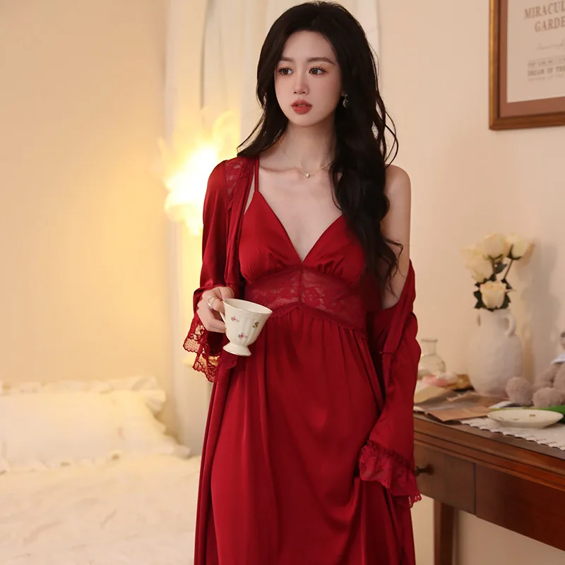 Long Sleepwear French Style Nightgown 2 Pieces Robe Set Women Bride Wedding Kimono Gown Sexy Lace Nightwear Lady Loungewear