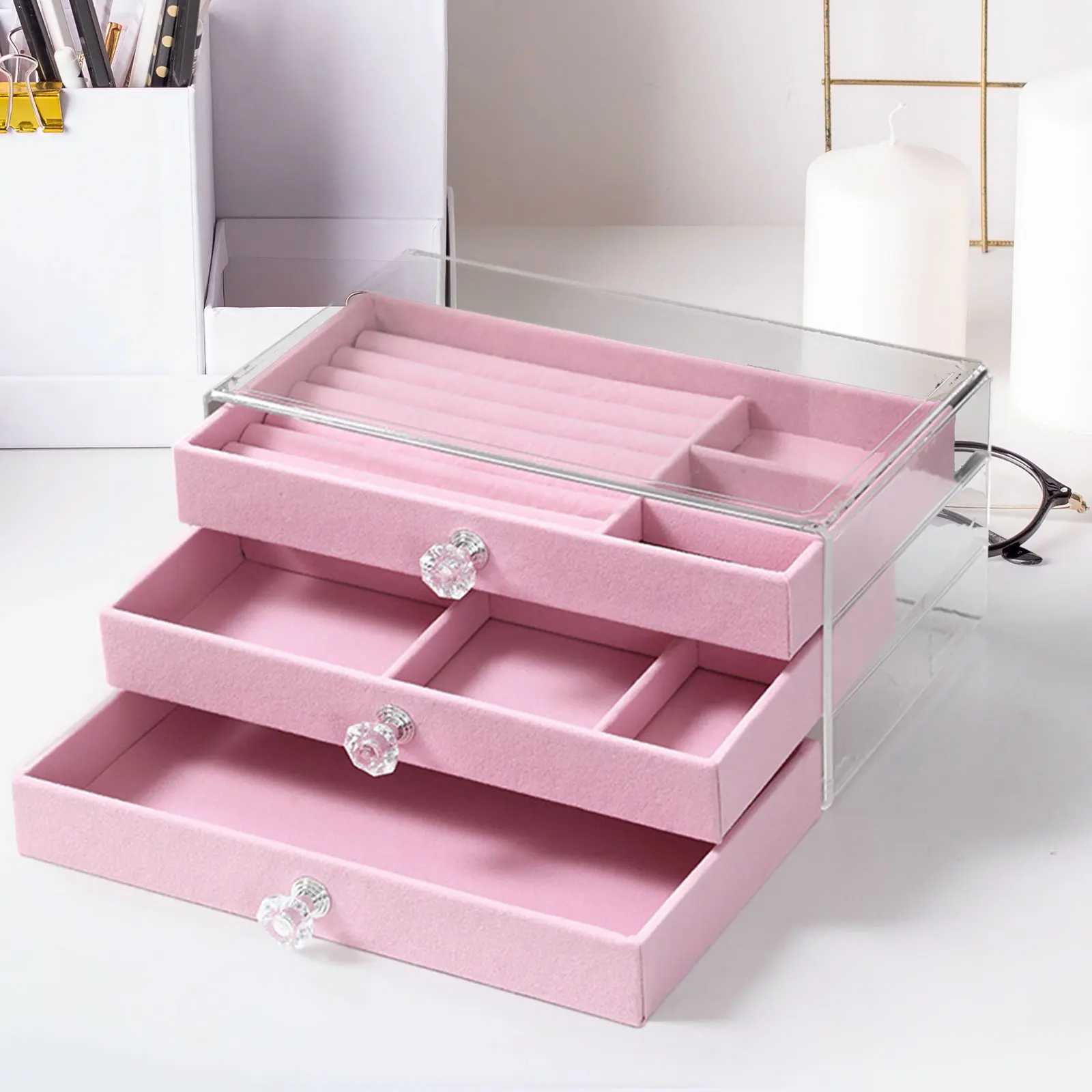 Jewelry Box Watch Show Case with Grid Display Stand with Acrylic Clear Cover Tray Jewelry Organizer Flannel for Women Girls