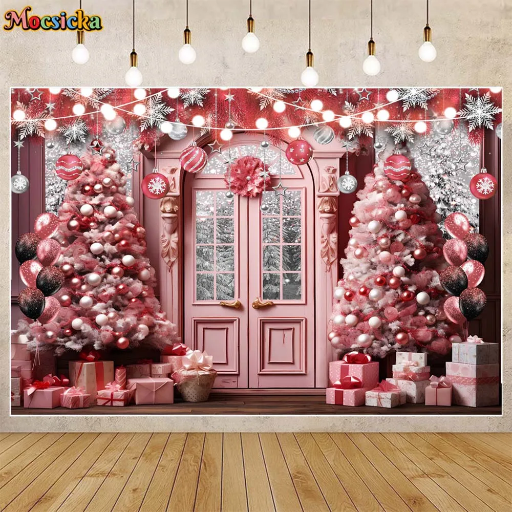 

Mocsicka Pink Christmas Backdrops for Photography Xmas Tree Silver Snowflake Gifts Family Portrait Background Photo Studio Props