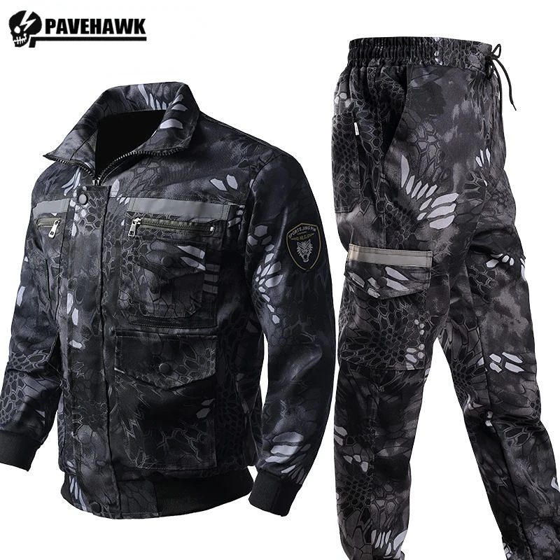 

Men Camouflage Workwear Reflective Strip Safety Wear-resistant Breathable Work Set Multi Pocket Outdoor Tactics Training Uniform