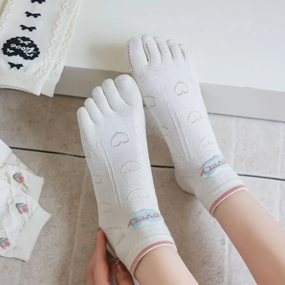 

2Pairs Heart Cotton Toe Socks Flower Bow Sweet Toe Separated Socks Hosiery Jacquard Boat Tube Socks Women Summer