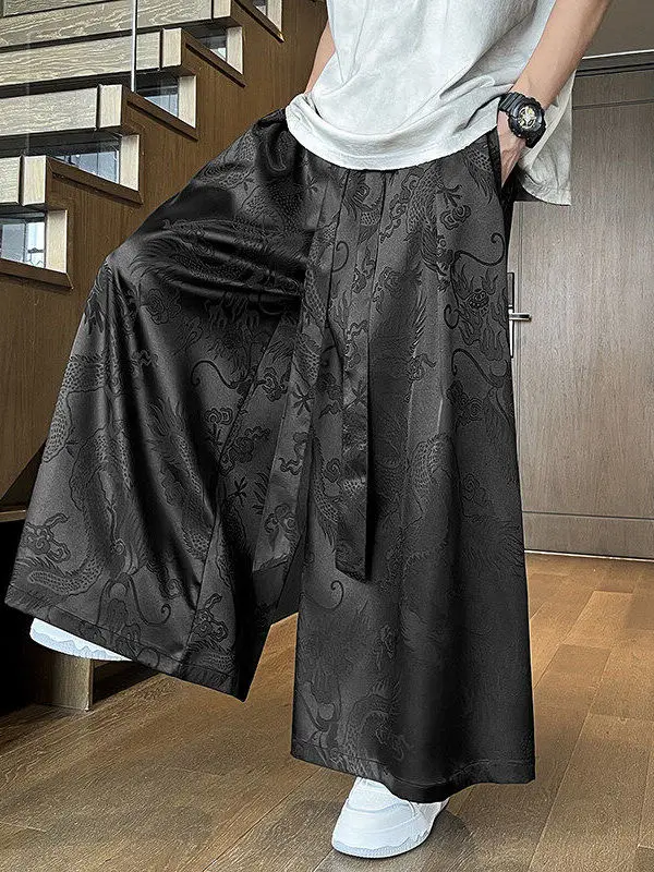 

Новые китайские свободные прямые мужские брюки из ледяного шелка с узором дракона, широкие брюки-таппени для лета и весны