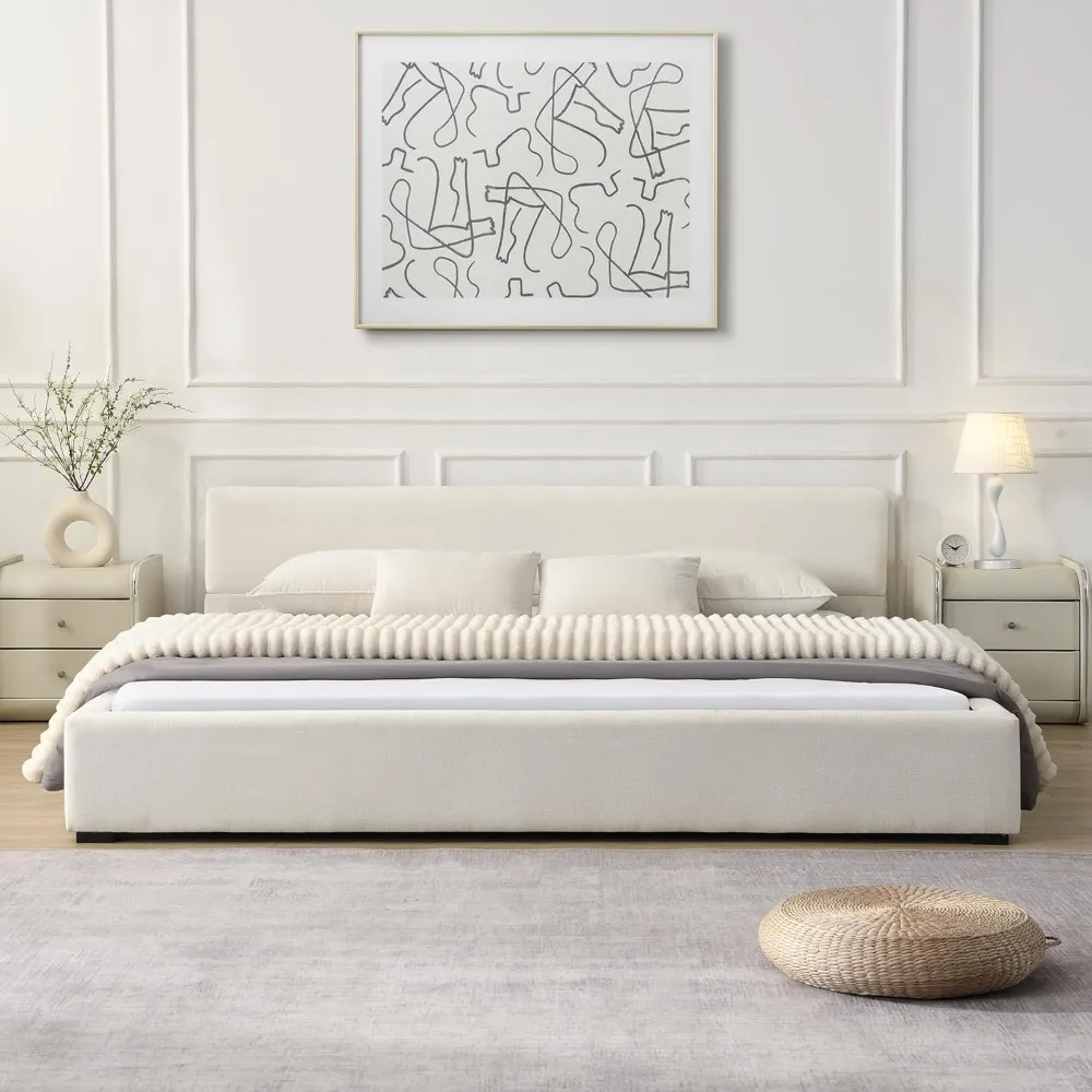 

King Size Upholstered Platform Bed Frame with Wide Edge,Wooden Base & 12 Slats Support,No Box Spring Needed,Easy Assembly,Holds