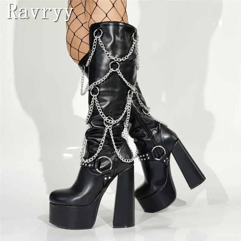 

Women New Platform High Heel Boots Fashion Metal Chain Stylish Gothic Pu Leather Chunky Heel Punk Style Long Booties