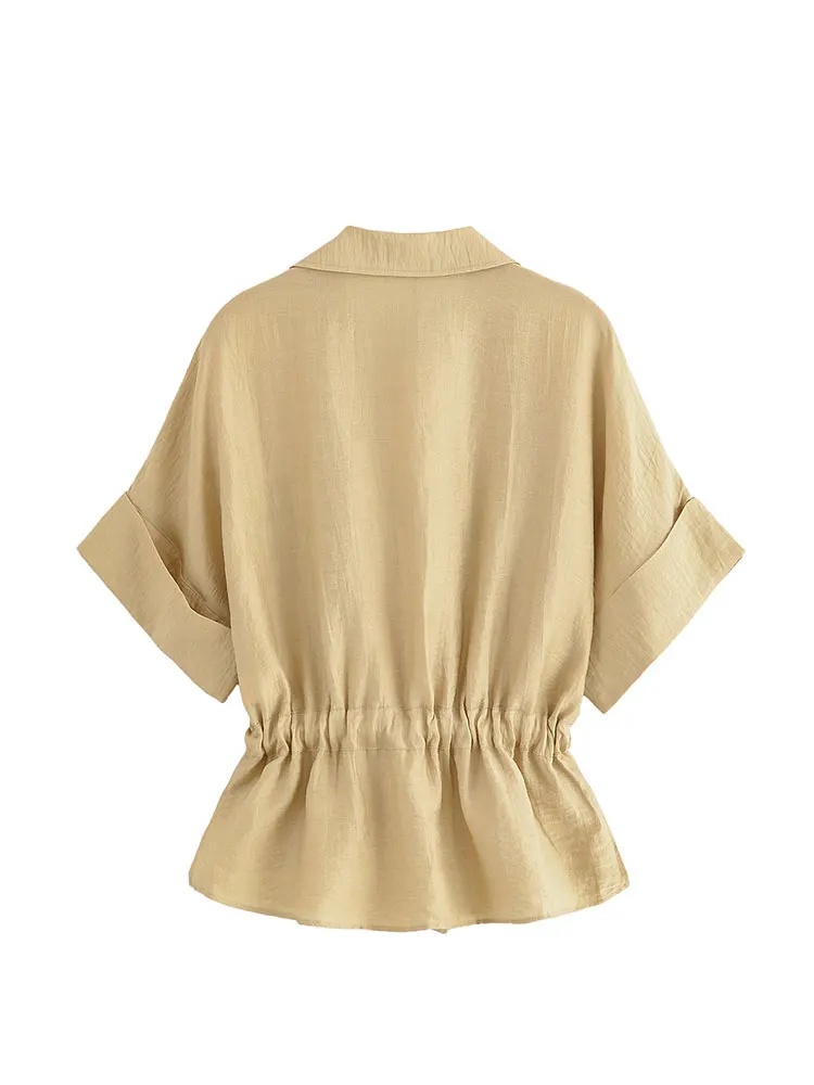 Nlzgmsj 2025 verão elasticidade cintura casual feminino terno com zíper blusa calças retas moda férias conjuntos de duas peças