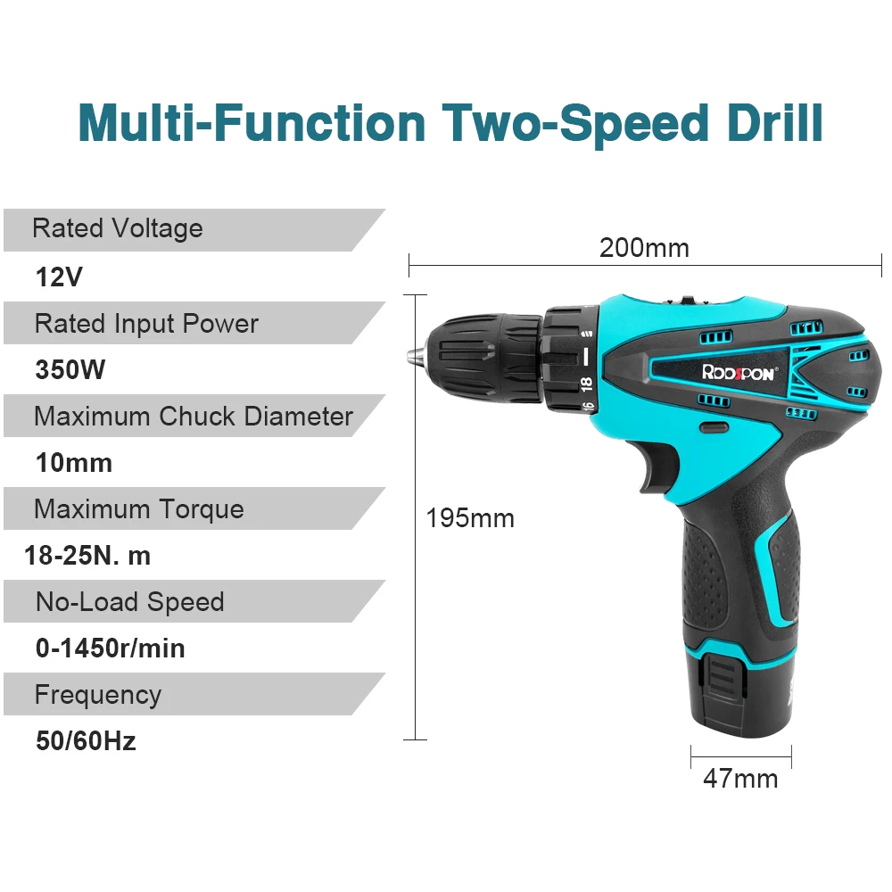 12V Rechargeable Cordless Electric Drill Brushed Electric Drill Impact Drill Power Tool for Household Use(No Battery No Charger)