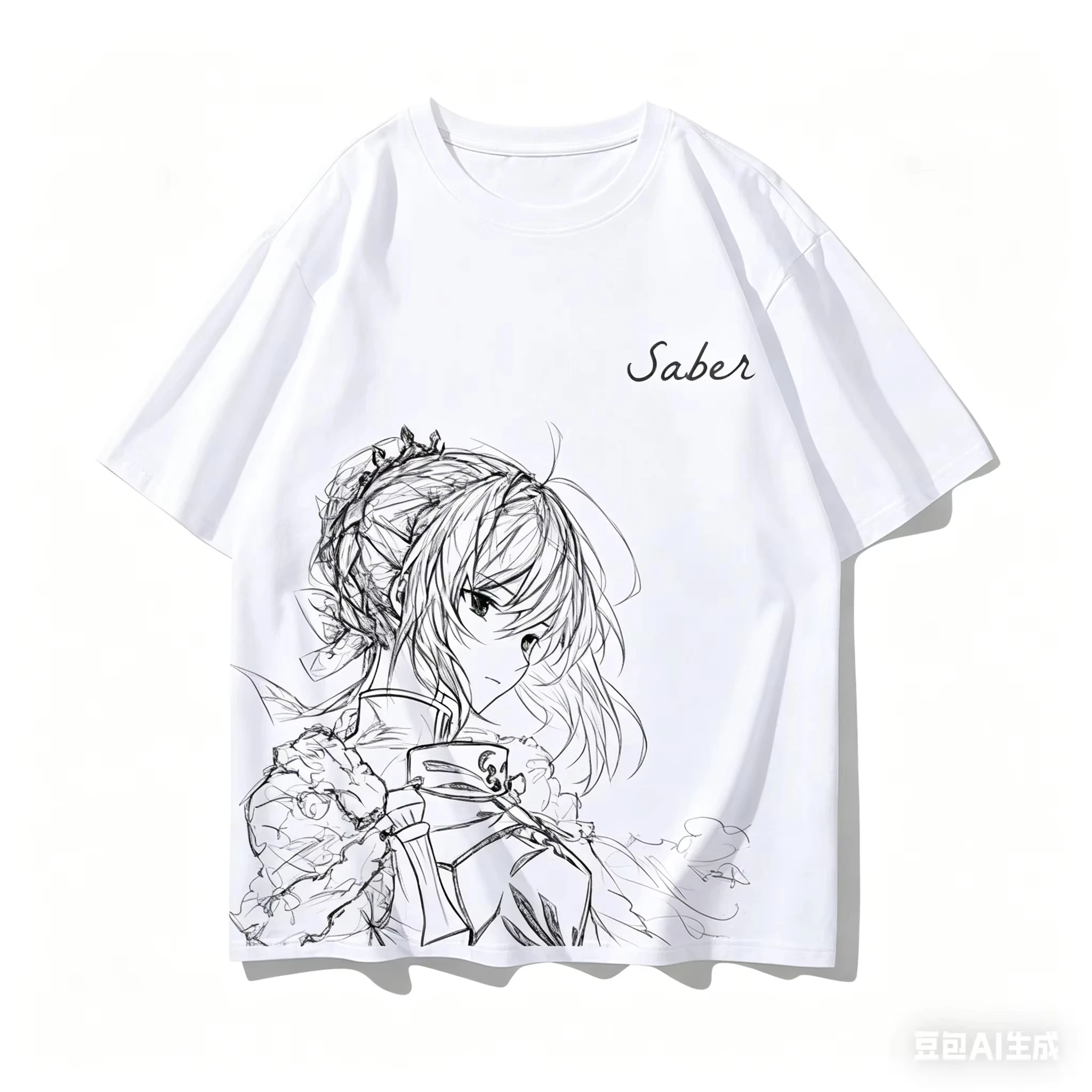 Hot Sale Fate Stay Night Saber Artoria Pendragon Anime T-Shirt Oversized Sketch Print Casual Summer Cotton 2026 Loose Retro
