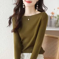 Women's Clothing Slash Neck Long Sleeve Knit Top Autumn New Elegant Fashion Solid Vertical Grain Sweaters Office Lady Chic Tops