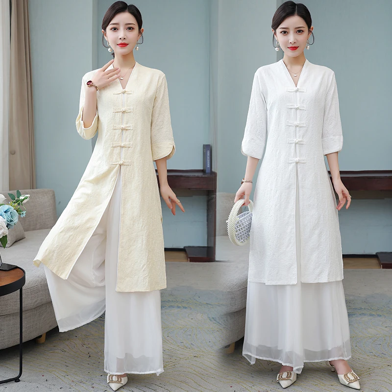 Young Women's Summer Fashion Set Tea Costume Dress with Button Retro Artistic Style Cotton Long Pants Seven Sleeve Long Neck