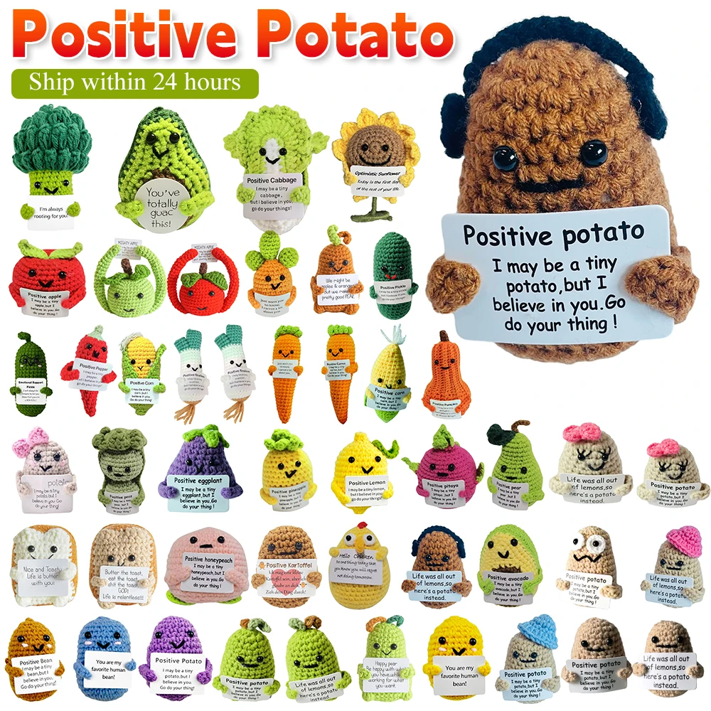 Funny Gift Crochet Doll Positive Energy Potato Doll with Card Mini Plush Knitted Doll Avocado Eggplant Christmas Gift Home Decor