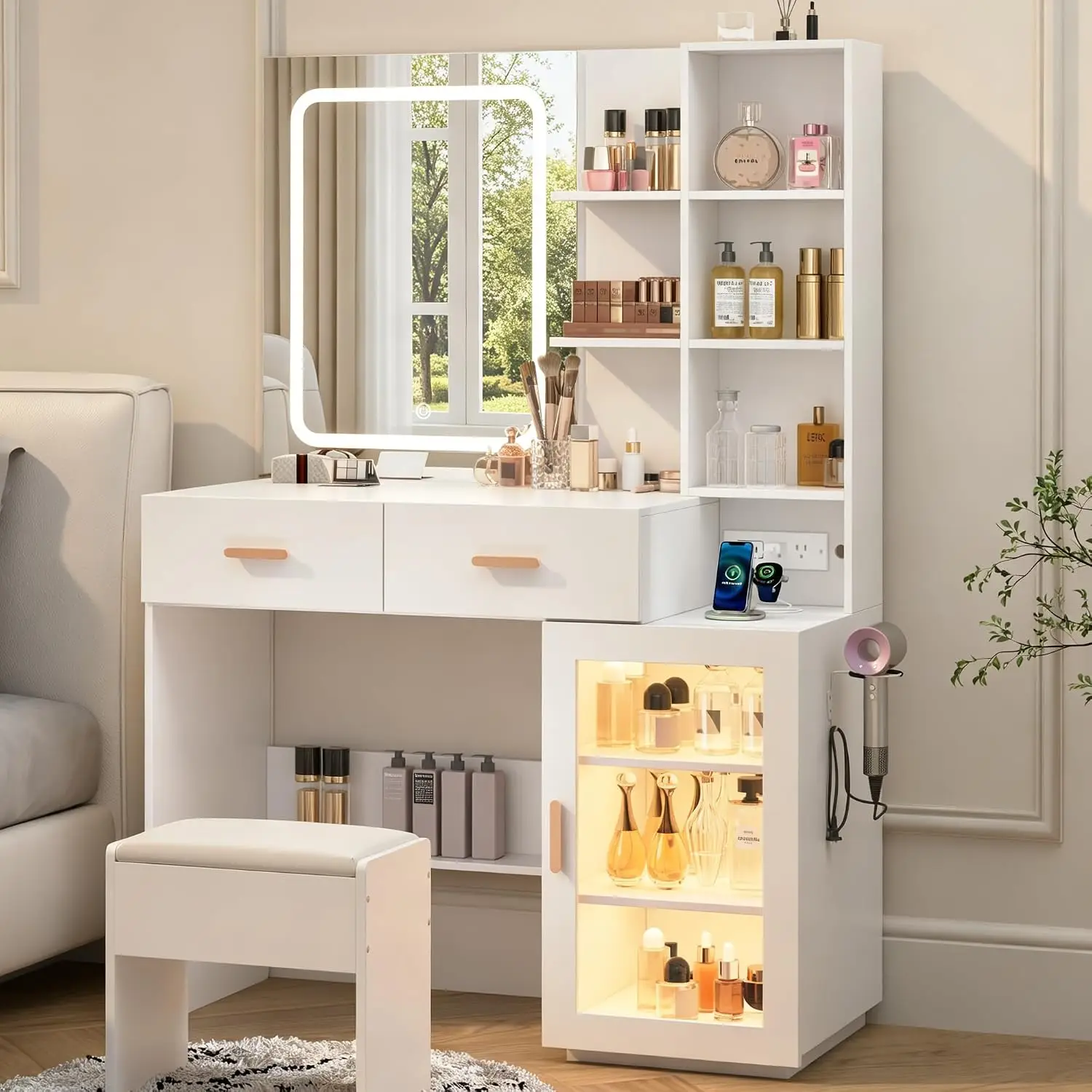 White Makeup Vanity Desk with LED Lighted Mirror & Charging Station, Vanity Set with Tempered Cabinet, 5 Drawers, Customized