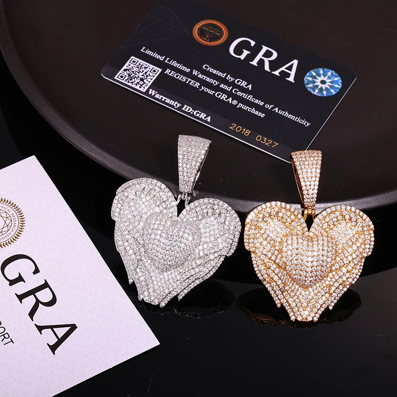 Hip Hop Moissanite Paved Bling Ice Out Angel Wing Heart Pendants Necklace for Men Rapper Jewelry Gold Silver Color