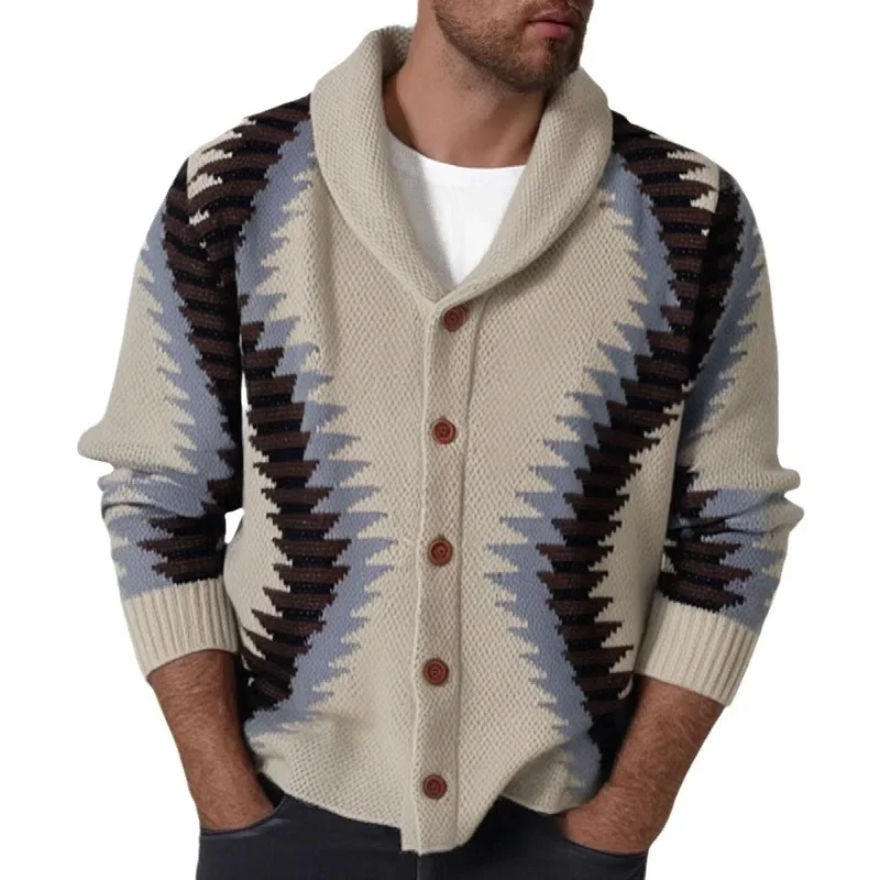 2024 Autumn Men's Knitted Jackets Graphics Print Turn-down Collar Button Sweater Coats Casual Loose Knit Cardigan Retro Knitwear