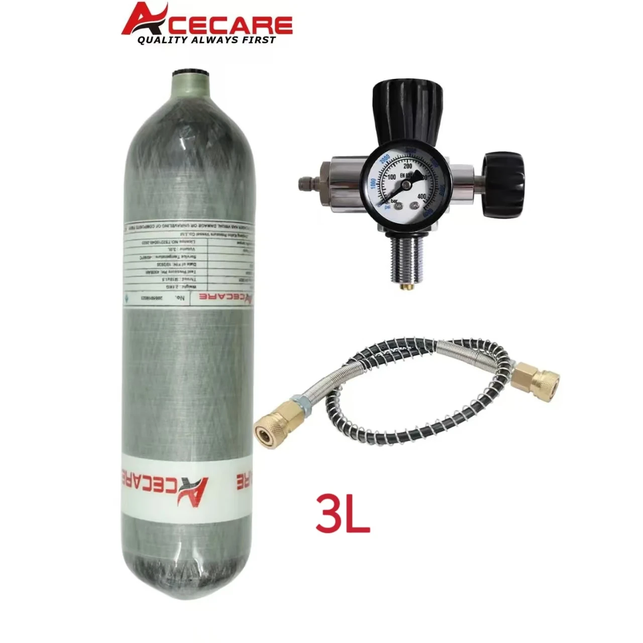 

ACECARE 3L Carbon Fiber Cylinder 4500psi 300Bar HPA Tank High Pressure Cylinder with Regulating Valve for Scuba Diving M18*1.5