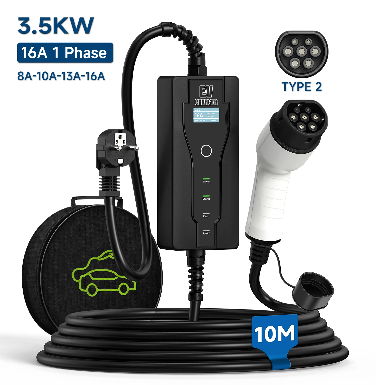 

3.5KW 16A Portable EV Charger Type2 IEC62196 10M EVSE Charging Cable Type1 SAEJ1772 EU Plug Controller Wallbox for Electric Car