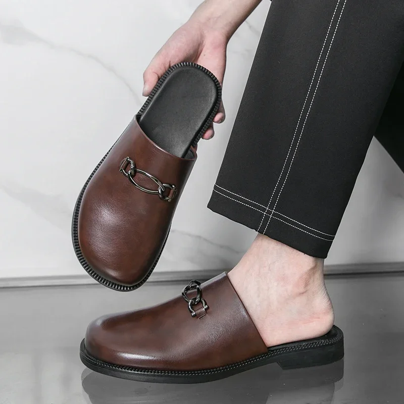 أحذية جلدية رجالية بنية مع أحذية كاجوال بمقدمة مستديرة، أحذية رجالية بمقاسات كبيرة للخريف والشتاء، شباشب للارتداء في الهواء الطلق