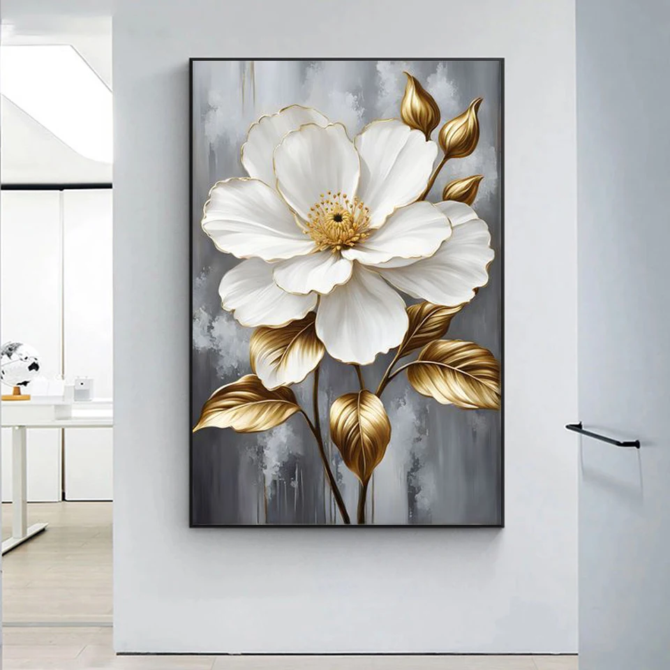 الماس التطريز جديد 2025 الماس اللوحة الذهبي الأبيض الزهور صورة الراين فسيفساء عبر غرزة 5D DIY بها بنفسك اليدوية هدية