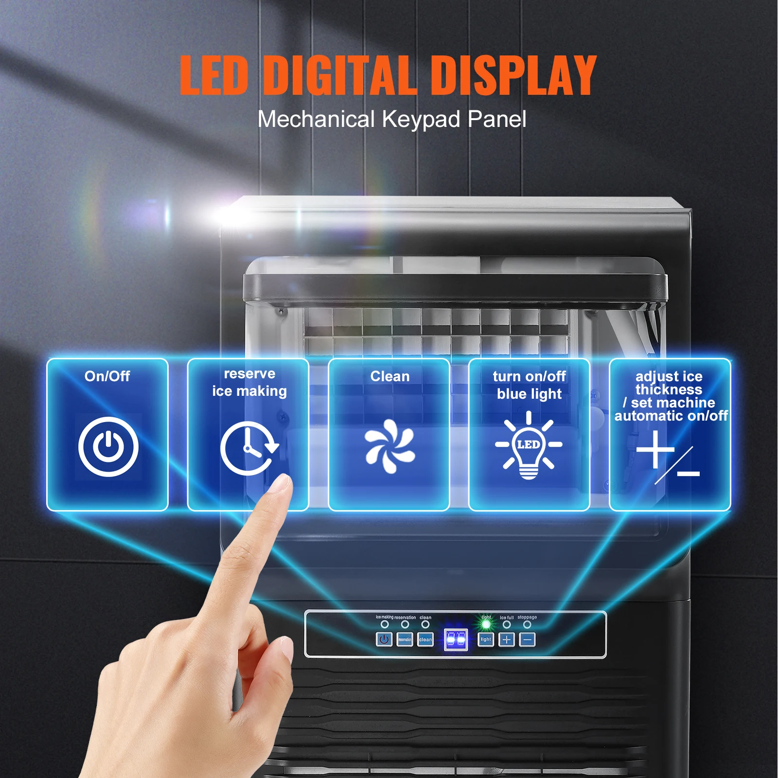 Vevor-Máquina de Gelo Comercial, Display Digital LED para Bar, Casa, Escritório, 12lbs Capacidade de Armazenamento, 70lbs/24h