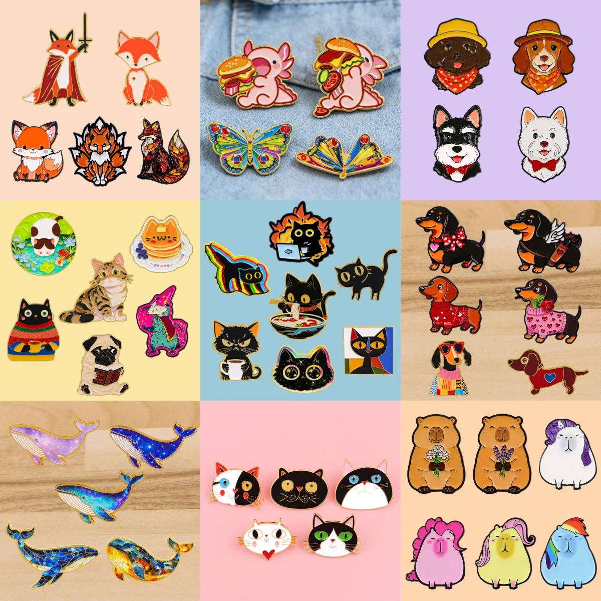 2-6 Stück/Set Niedliche Tier-Emaille-Anstecknadeln Lustige Katzen Hunde Wale Axolotls Broschen Rucksack-Accessoires Anstecknadeln Schmuck Freunde Geschenk