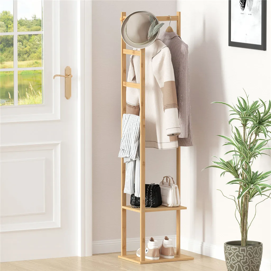 Bamboo Garment Coat Clothes Stand Rack Hat Shoe Wooden Hanger Holder Shelf Tidy Garment Hanging Rail Hooks