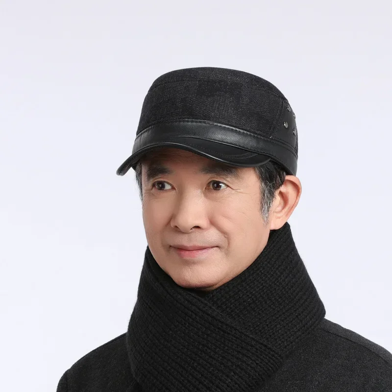 Hat Men's Winter Warm Ear Cap Fleece Thickened Cap Woolen Flat Top Hat Outdoor Middle-aged and Elderly Cotton Hat