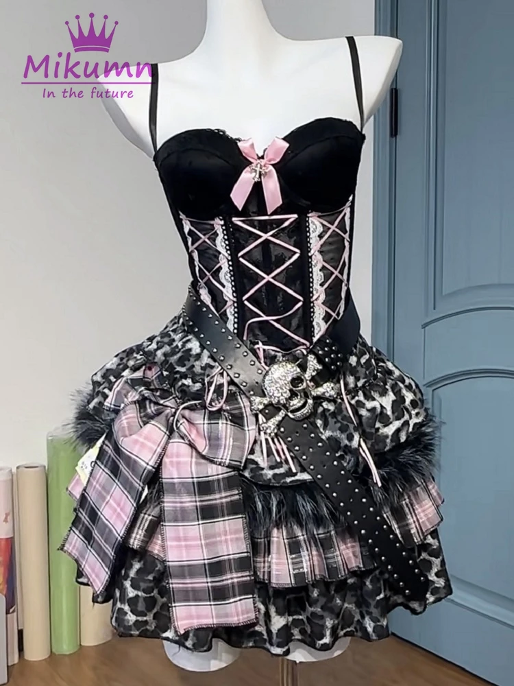 

Mikumn Gothic Lolita Skirt Sets Woman 2 Piece Outfit Y2k Kawaii Mesh Lace Tank Top+Leopard Plaid Mini Skirt Suit Chic Streetwear