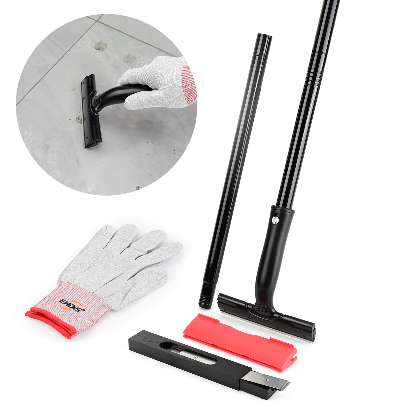 EHDIS 6-Inch Razor Blade Cleaning Scraper Set Extendable Handle Squeegee Car Sticker Adhesive Remove Tile Floor Wall Putty Knife