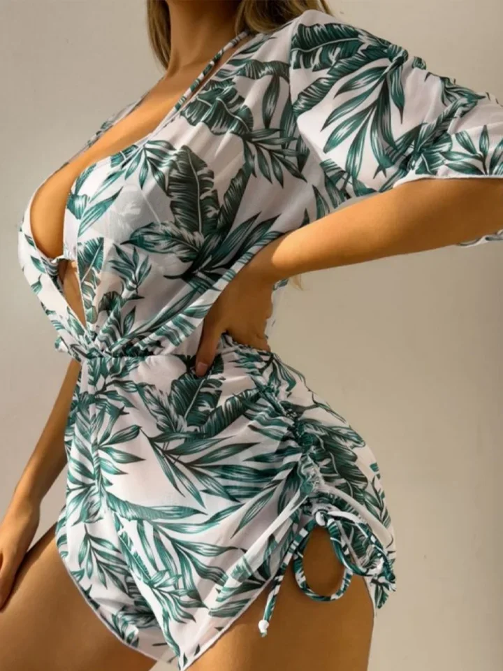 Vzvn Fashion Print Long Sleeve Smock 3 Piece Women Split Swimsuit Beach Laced Up Bikinis 2025 New All Season Backless Bikini Set